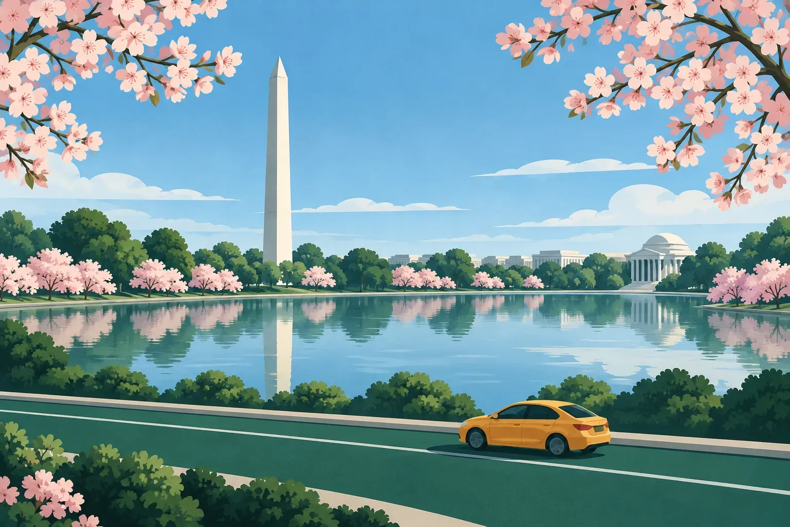 The Washington Monument above the Tidal Basin framed by pink cherry blossoms, in the District of Columbia
