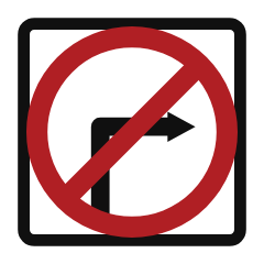 A white square showing an arrow turning right inside a red circle with a red diagonal line through it